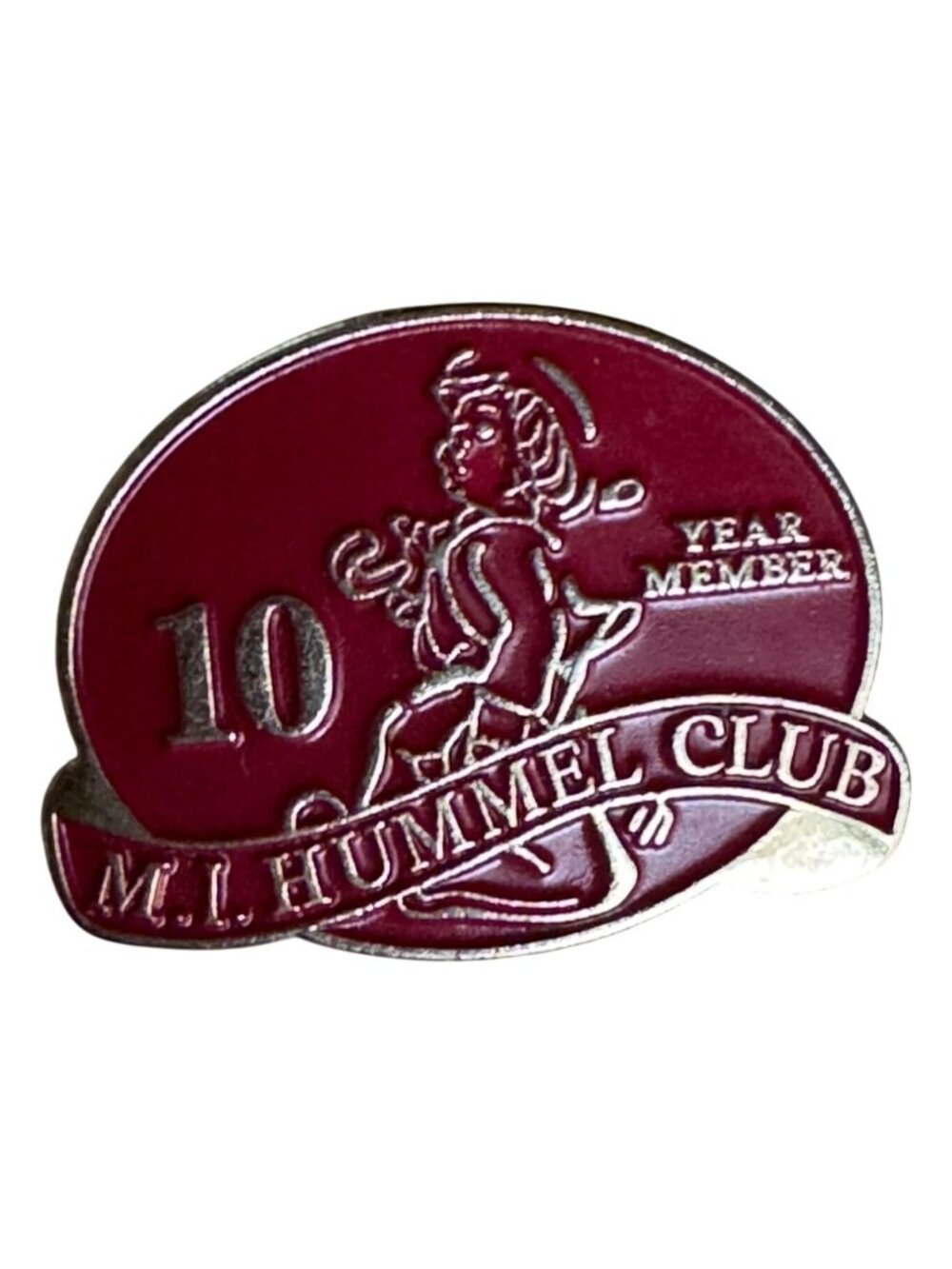 M.I. Hummel Club 10 Year Member Red Enamel Lapel Pin Embossed Gold Tone Vintage